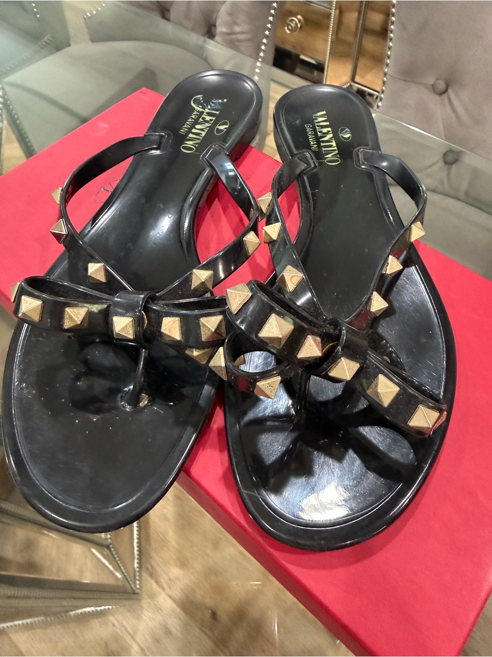 Valentino Black Jelly Rockstud Thong Sandals with Gold Studs